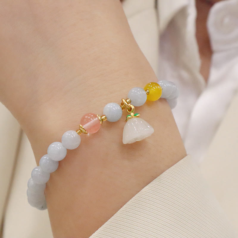 Bracelet à breloques en forme de lapin, de courge et de chat en Buddha Stones -marine naturelle, calcédoine, sérénité - Gousse de lotus aigue-marine calcédoine - image 8