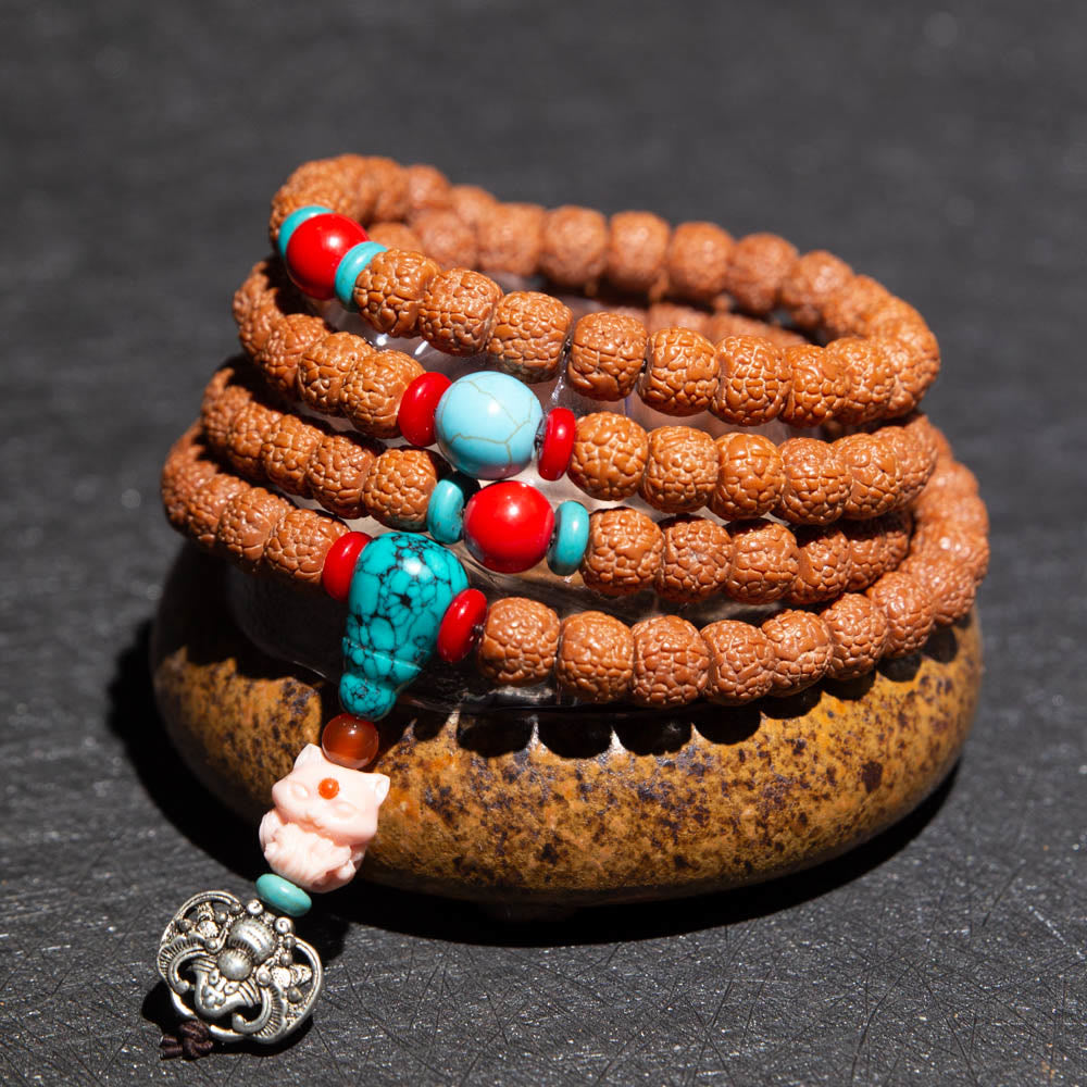 Bracelet tibétain en 108 perles de Mala Rudraksha Bodhi Seed Zodiac chinois Bouddha natal Richesse Charm