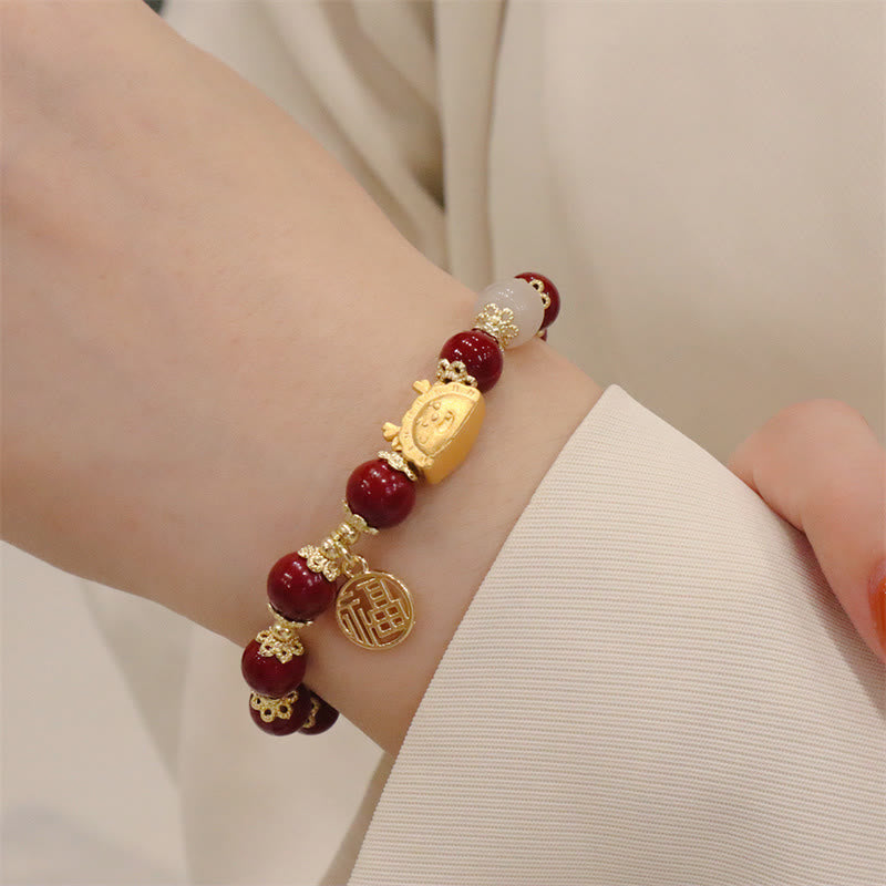 Buddha Stones Année du Dragon Agate Rouge Quartz Fraise Obsidienne Noire Jade Grenat Perle Cinabre Dumpling Dragon Luck Fu Bracelet Caractère