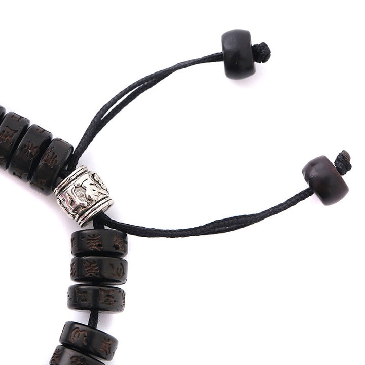 Bracelet en corde de bonheur sculpté en coquille de noix de coco du Tibet Buddha Stones Om Mani Padme Hum Dorje Vajra Bell