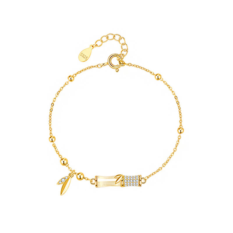 Bracelet porte - bonheur en argent sterling 925 plaqué or 18 carats avec jade blanc et bambou et zircon