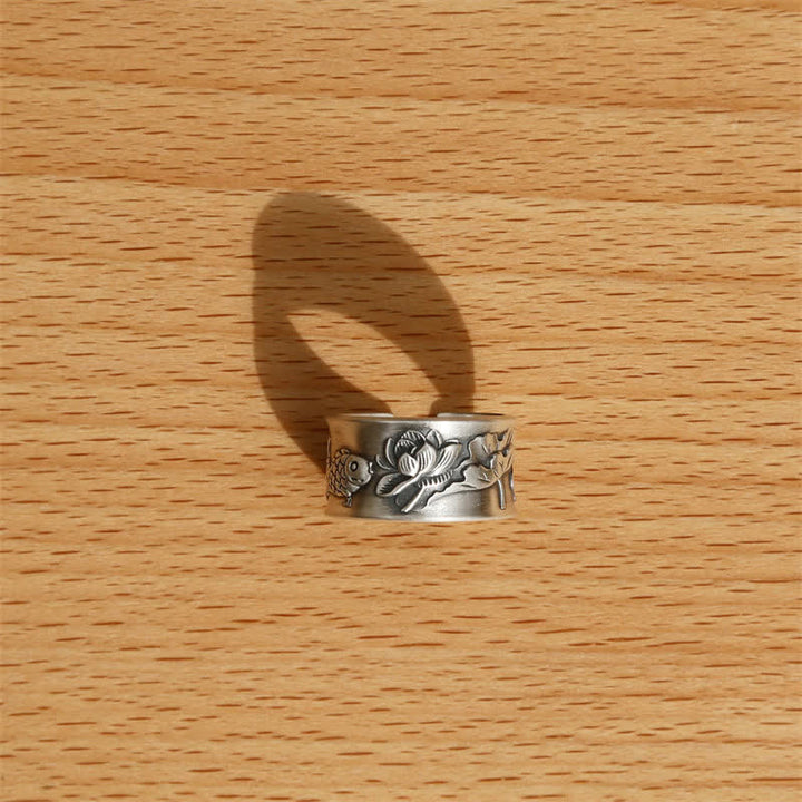 Bague porte-bonheur en argent sterling 999 Buddha Stones et poisson Koi, lotus, cœur, Sutra de la richesse