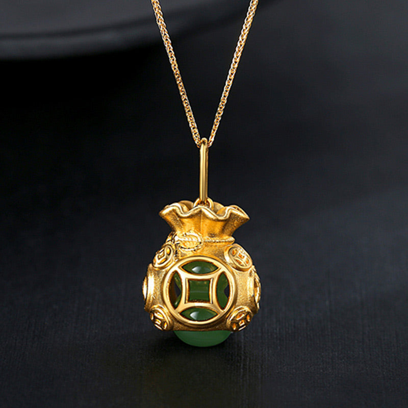 Collier pendentif en jade Buddha Stones et sac d'argent Feng Shui de bon augure