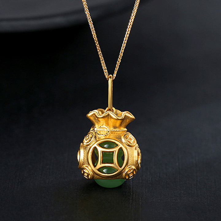 Collier pendentif en jade Buddha Stones et sac d'argent Feng Shui de bon augure