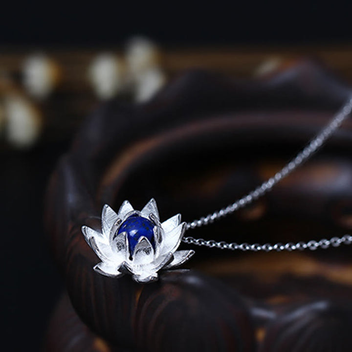 Collier pendentif fleur de lotus en argent sterling 925 avec Buddha Stones et lazurite