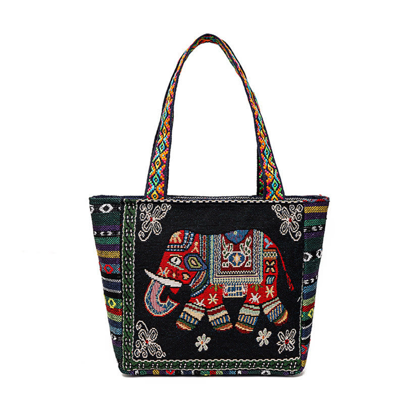Sac fourre-tout en toile brodé de grande capacité avec Buddha Stones, éléphant et papillon