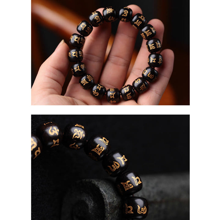Bracelet de paix gravé en bois d'ébène tibétain avec Buddha Stones Om Mani Padme Hum