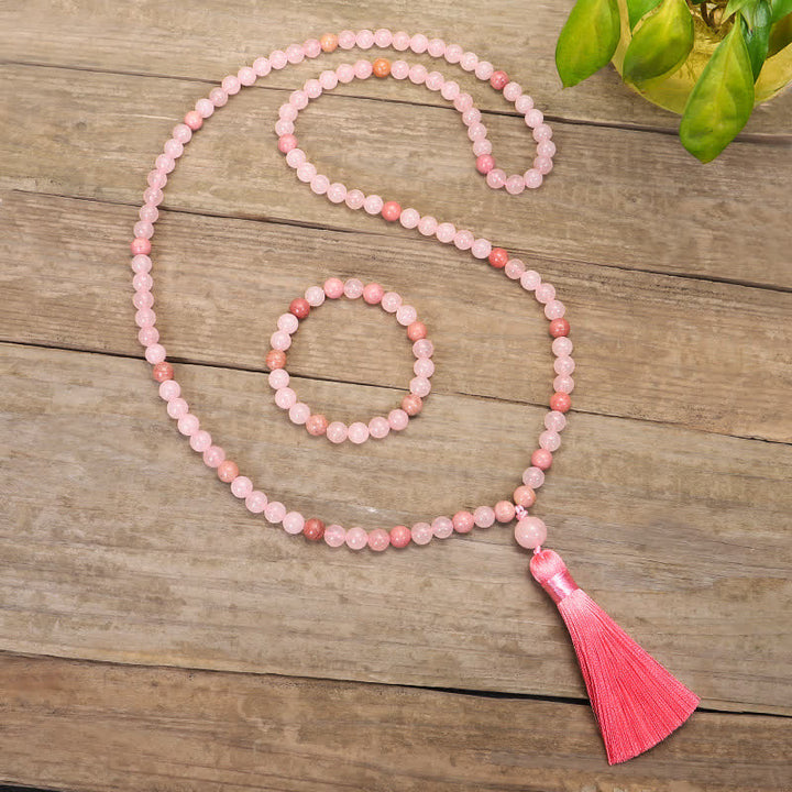 Bracelet Mala 108 perles en cristal rose avec pompon d'amour Buddha Stones