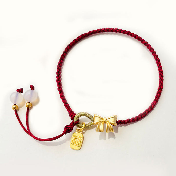 Bracelet en corde rouge fait à la main avec Buddha Stones en forme de rosette en forme de nœud papillon et de caractère Fu, porte-bonheur et fortune