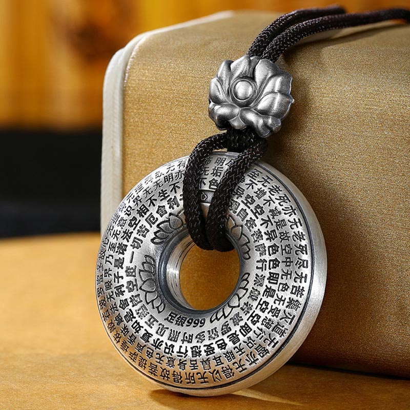 Collier avec pendentif en argent sterling 999 Buddha Stones et boucle de paix en forme de cœur Sutra Lotus - Argent sterling 999 - image 1
