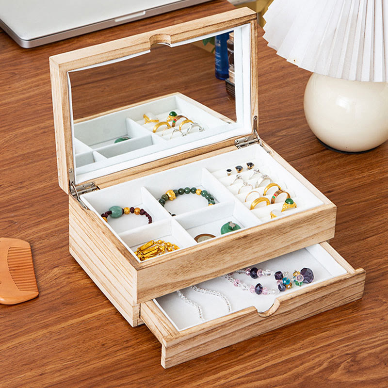Coffret à bijoux rétro en bois beige Buddha Stones Coffret de rangement à bijoux à deux niveaux avec miroir - 24,5*15,5*10,5 cm - image 0