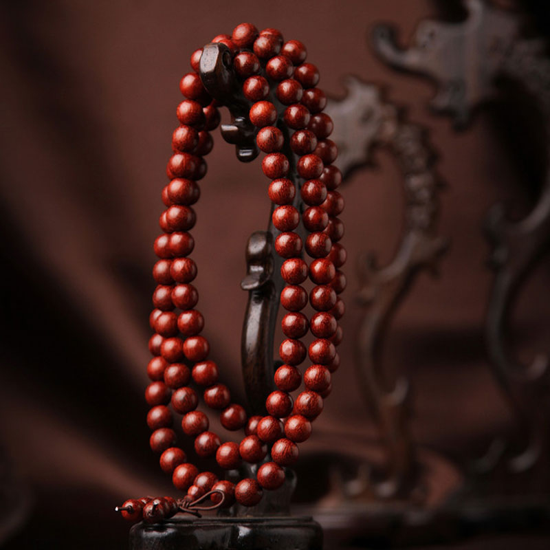 Bracelet de méditation Buddha Stones à petites feuilles en bois de santal rouge avec 108 perles