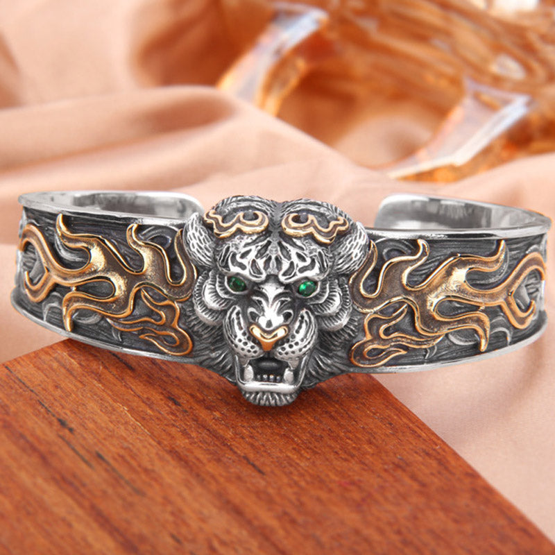 Bracelet jonc en argent sterling 925 Buddha Stones et signe du zodiaque chinois, tigre, éloigne les mauvais esprits