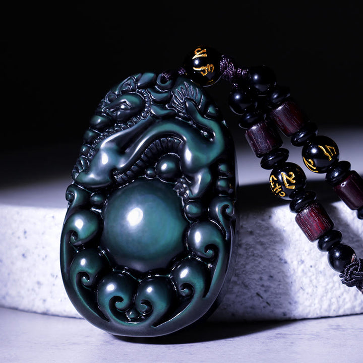 Collier PiXiu en obsidienne arc-en-ciel positive tibétaine avec Buddha Stones - L - image 0