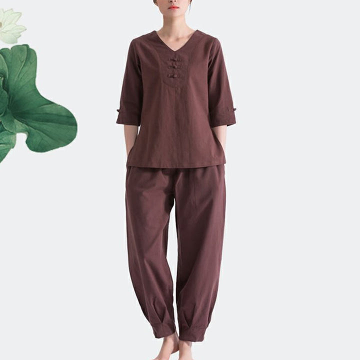 Ensemble de vêtements en coton et lin Buddha Stones , yoga, méditation, prière, col en V, pratique zen, pour femmes