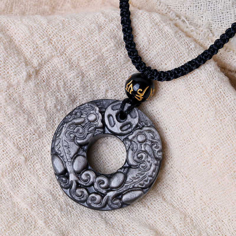 Buddha Stones en obsidienne argentée naturelle et double pièce de cuivre PiXiu avec boucle de paix et protection - image 2