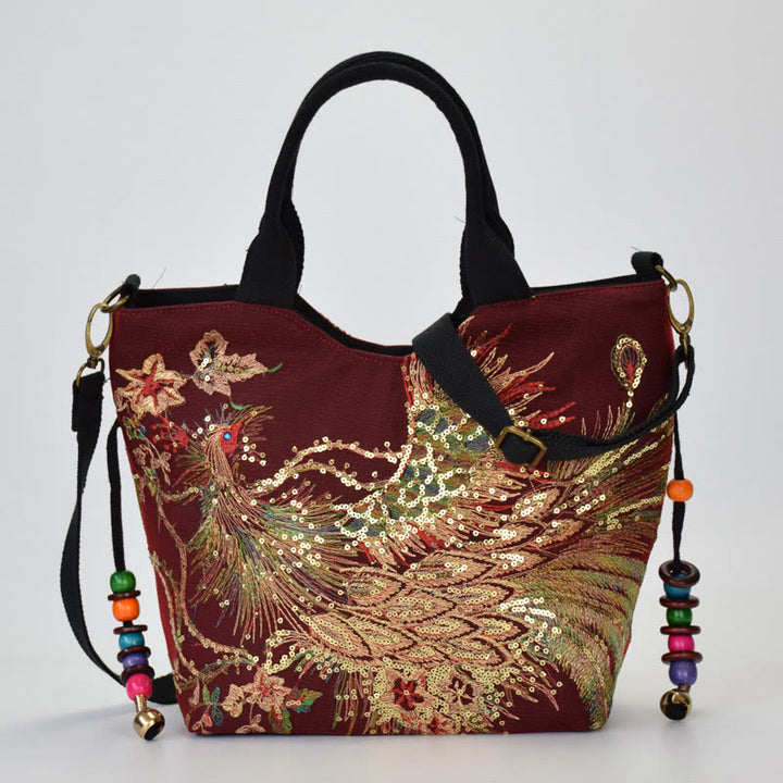 Sac cabas brodé double face avec motif de paon et Buddha Stones, sac bandoulière - Paon rouge vin - Sac bandoulière/Sac fourre-tout - image 16