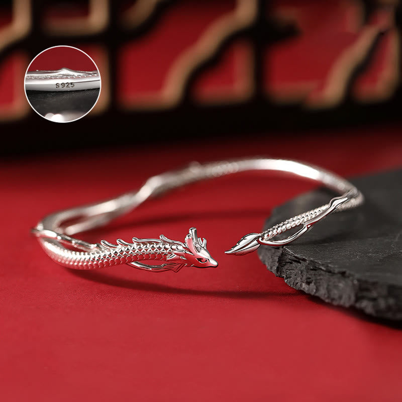 Bracelet manchette porte-bonheur en métal Buddha Stones en argent sterling 925 et motif année du dragon