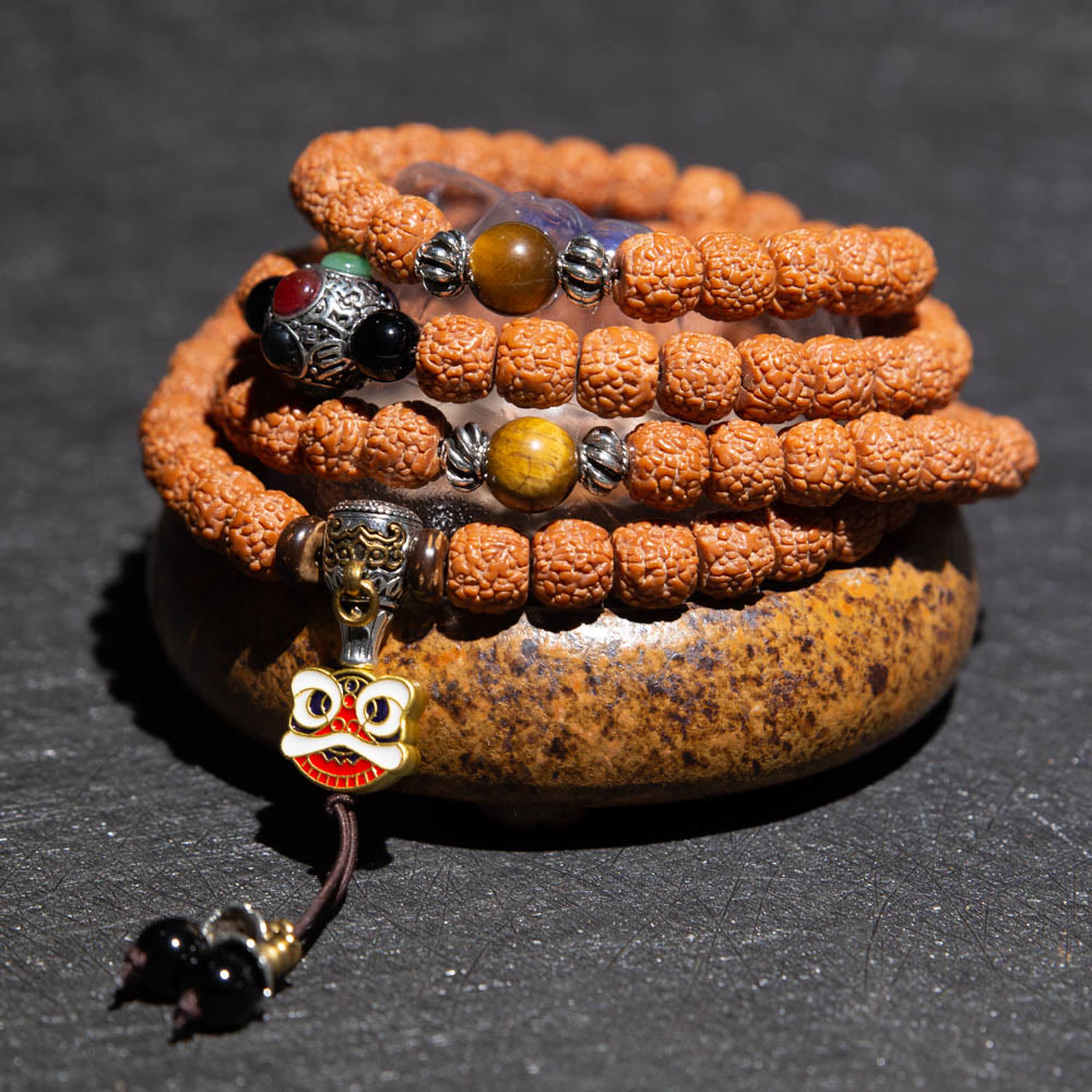 Bracelet tibétain en 108 perles de Mala Rudraksha Bodhi Seed Zodiac chinois Bouddha natal Richesse Charm