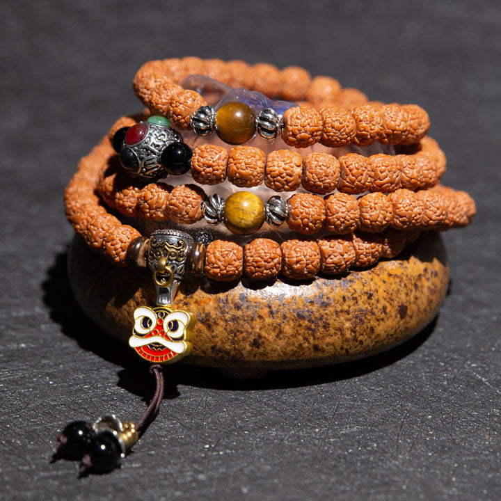 Bracelet tibétain en 108 perles de Mala Rudraksha Bodhi Seed Zodiac chinois Bouddha natal Richesse Charm