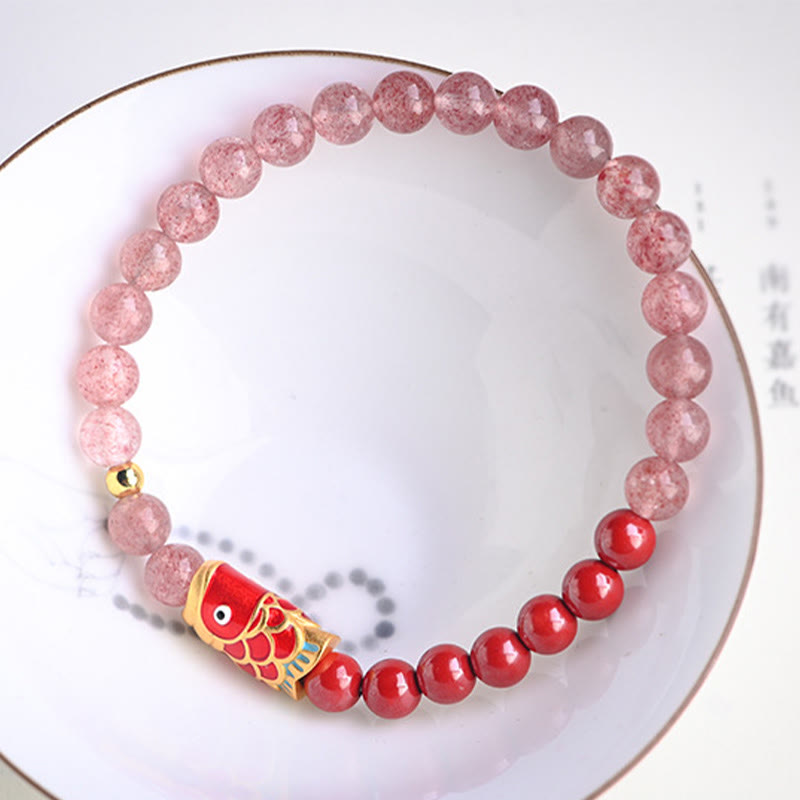 Bracelet de guérison porte-bonheur en quartz fraise et cinabre en Buddha Stones