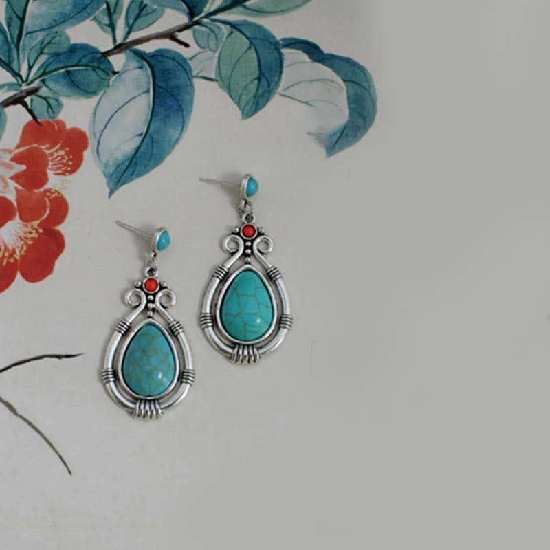 Boucles d'oreilles pendantes en forme de goutte d'eau turquoise vintage du Tibet
