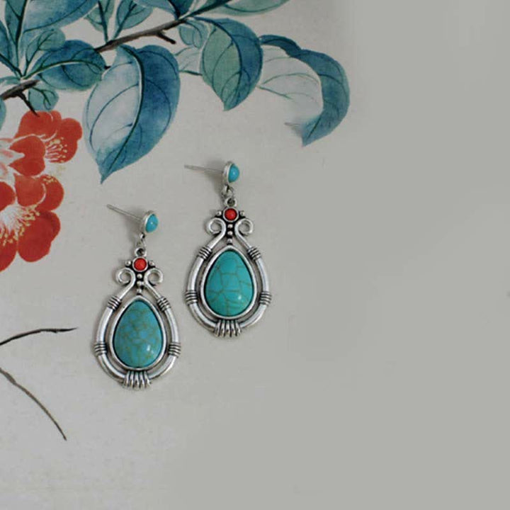 Boucles d'oreilles pendantes en forme de goutte d'eau turquoise vintage du Tibet
