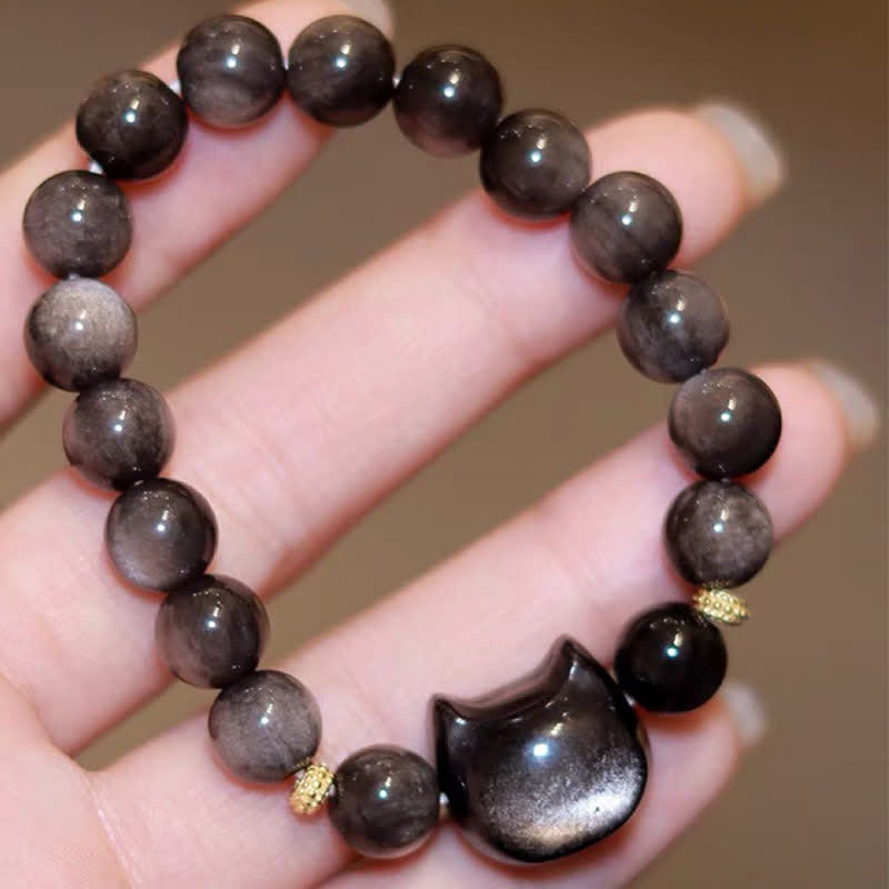Bracelet de protection porte-bonheur en obsidienne dorée et argentée avec Buddha Stones et jolie patte de chat porte-bonheur - image 36