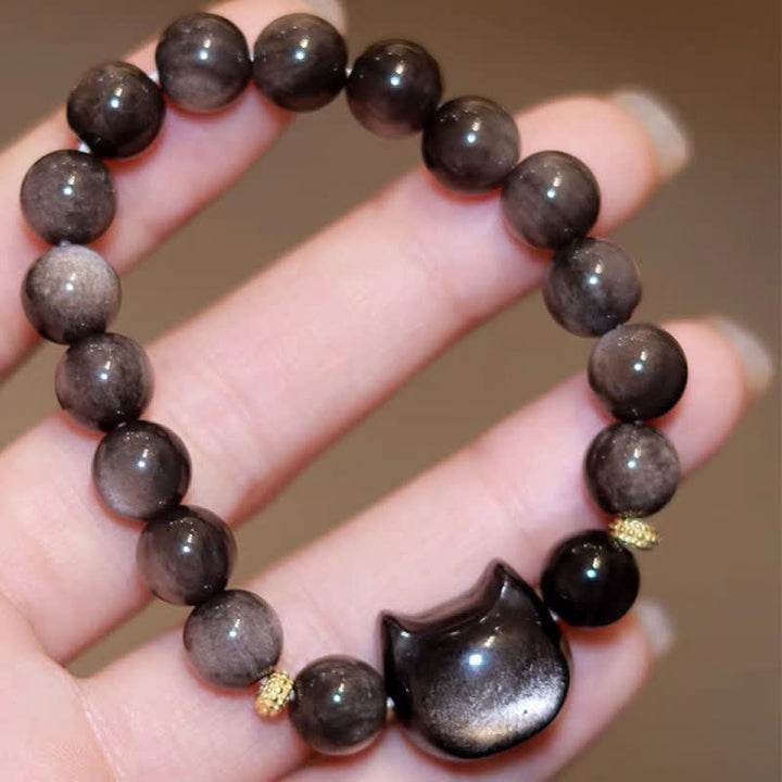 Bracelet de protection porte-bonheur en obsidienne dorée et argentée avec Buddha Stones et jolie patte de chat porte-bonheur - image 36