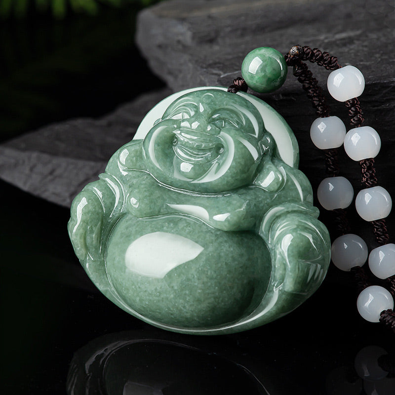 Collier avec pendentif en perles de jade cyan et Bouddha rieur - image 5
