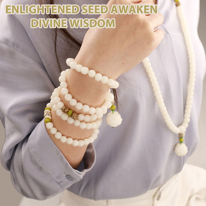 Buddha Stones Jade blanc Bodhi Lotus Mala Collier Harmonie Bracelet - image 15