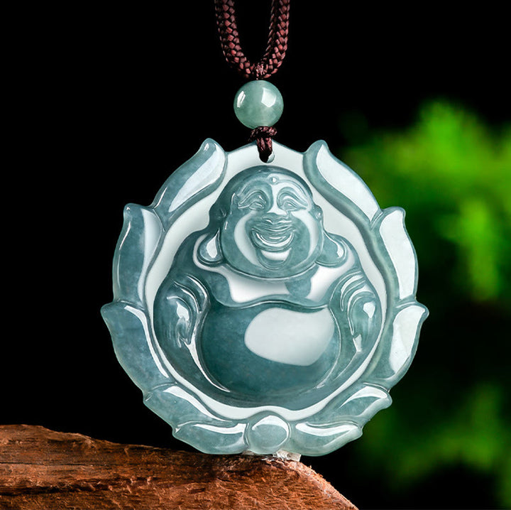 Buddha Stones pendentif porte-bonheur en jade naturel avec motif de lotus et de Bouddha rieur - image 3