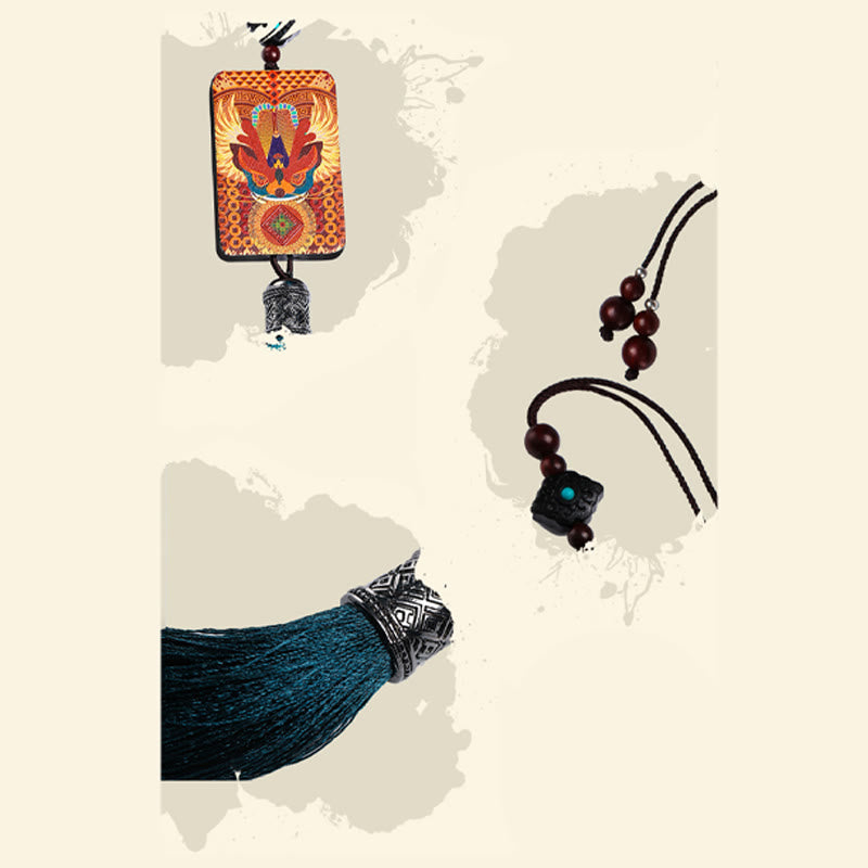 Décoration à suspendre pour voiture en bois d'ébène avec pompon porte-bonheur et richesse en Buddha Stones PiXiu