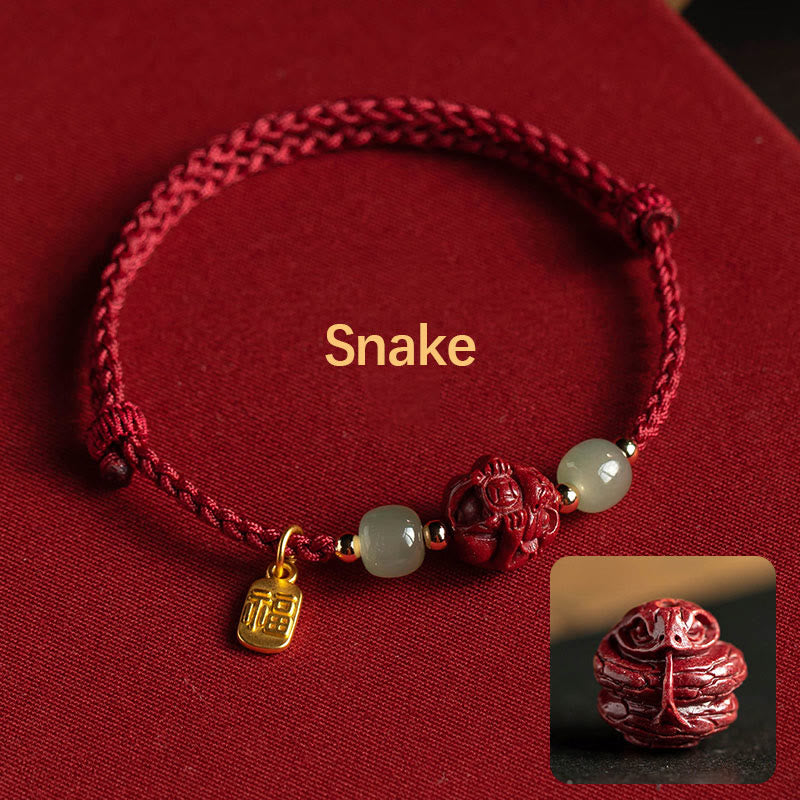 Bracelet en corde porte-bonheur en jade Hetian Buddha Stones et cinabre naturel, signe du zodiaque chinois