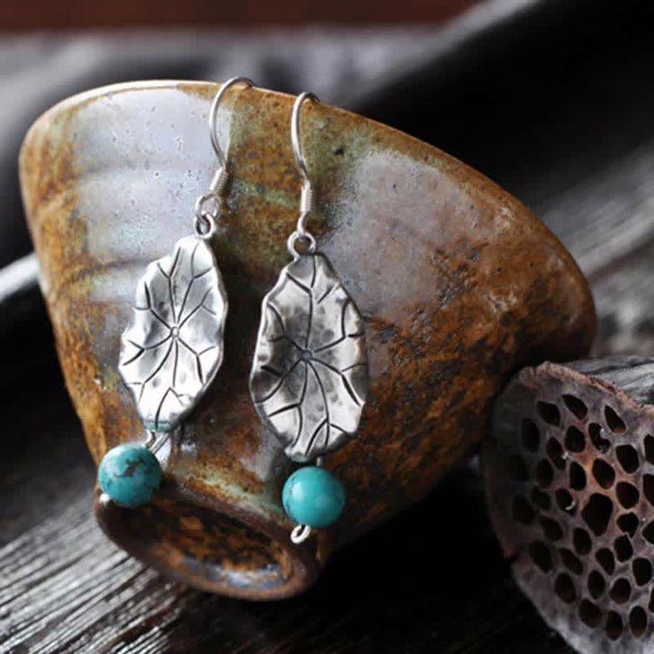 Buddha Stones Boucles d'oreilles pendantes en argent Sterling 925 Turquoise Feuille de Lotus Protection