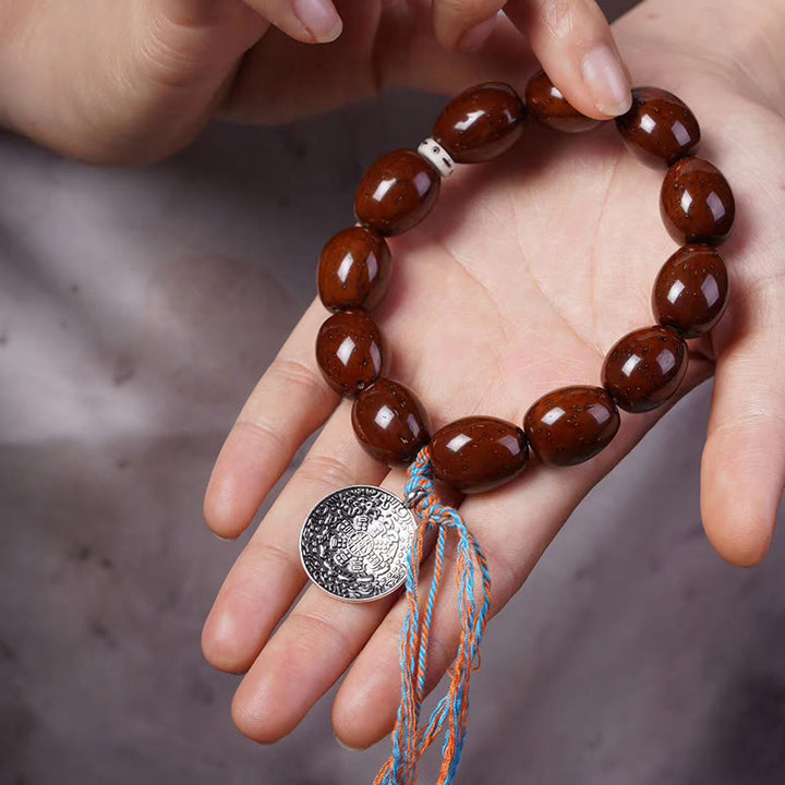 Bracelet de richesse en Buddha Stones tibétaines naturelles violettes et dorées avec rat OM, zodiaque chinois, neuf palais, huit diagrammes