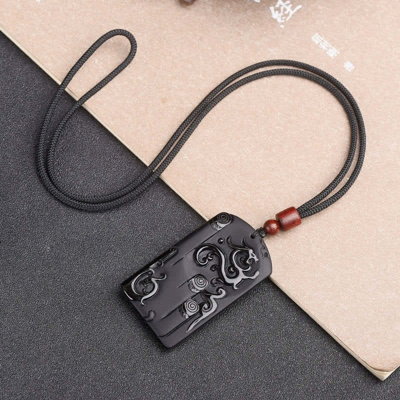 Collier avec pendentif dragon et phénix en obsidienne noire - image 5