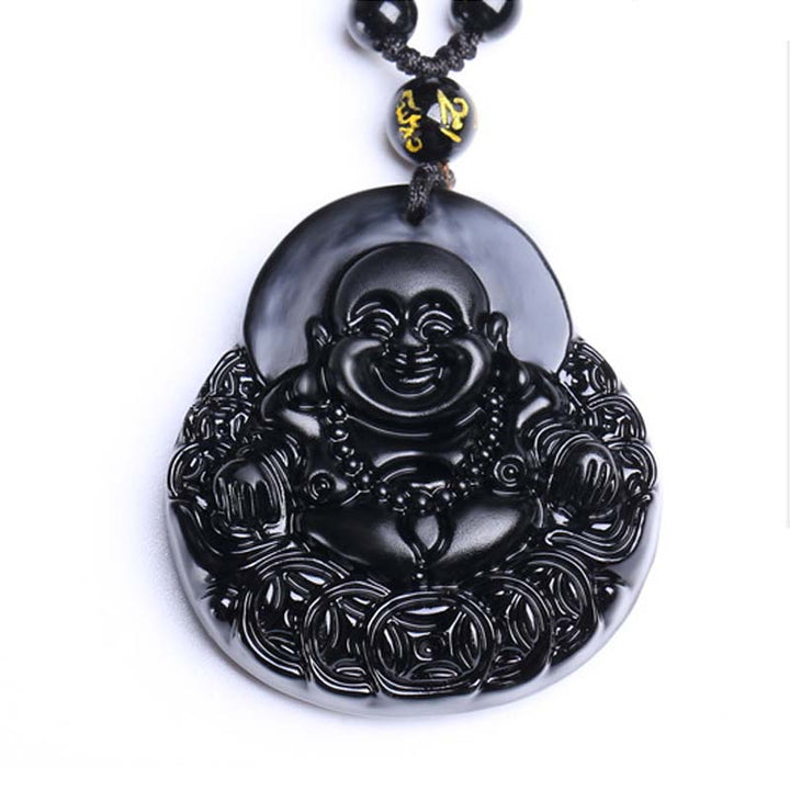 Collier avec Buddha Stones rieur en obsidienne noire et protection de la force - image 6