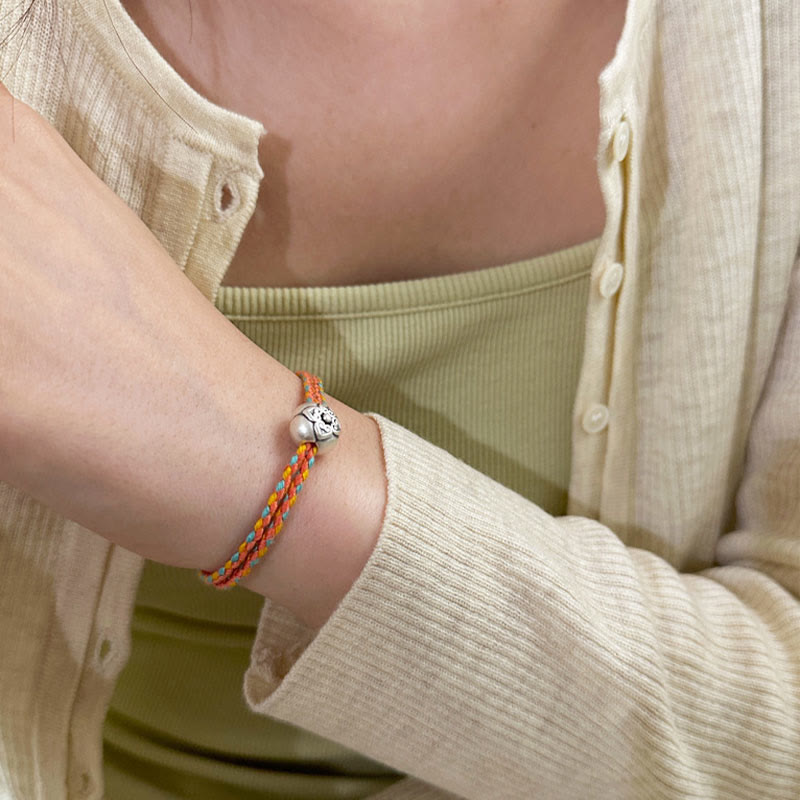 Bracelet tressé multicolore en argent sterling 999 avec pierre porte-bonheur Kaki de Buddha Stones