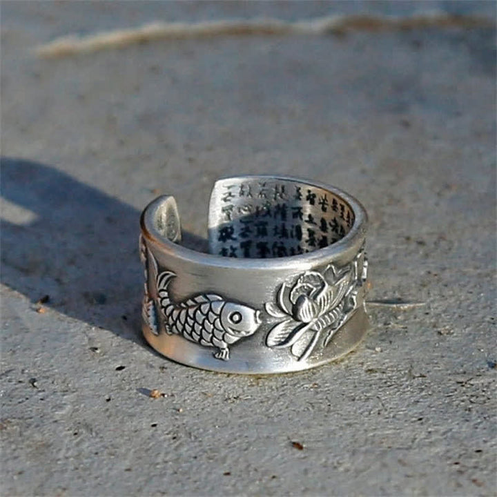 Bague porte-bonheur en argent sterling 999 Buddha Stones et poisson Koi, lotus, cœur, Sutra de la richesse