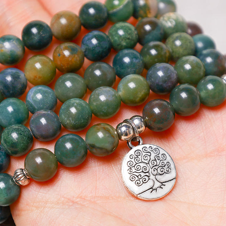 Bracelet Mala 108 Buddha Stones en agate indienne avec lotus OM Bouddha Arbre de vie et calme positif