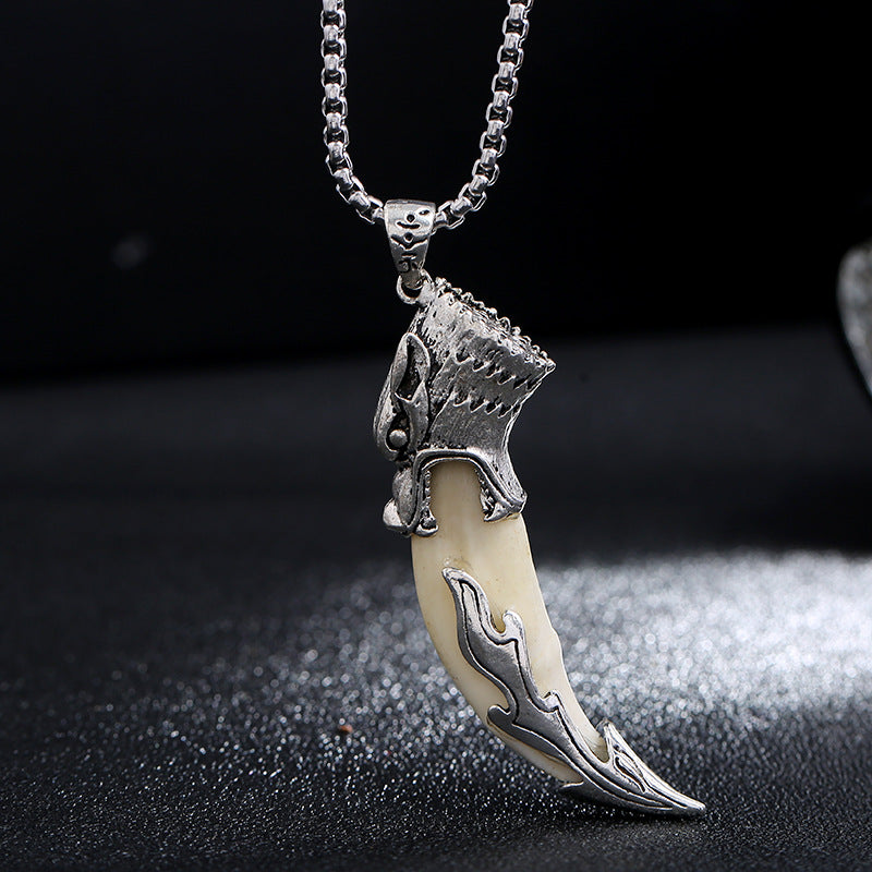 Buddha Stones Collier pendentif en acier titane Imitation dent de loup