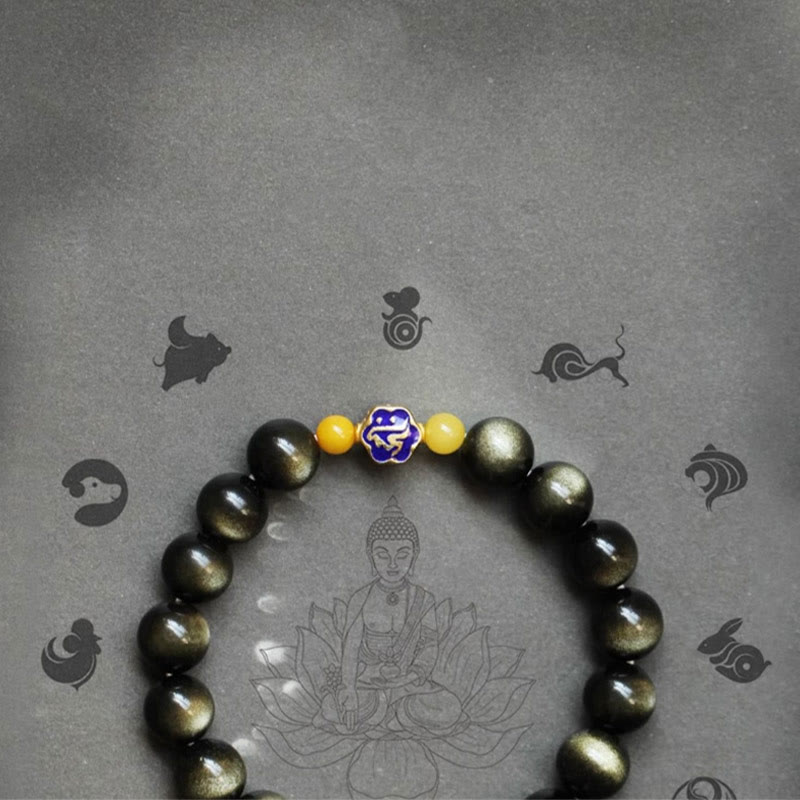 Bracelet de protection de richesse en obsidienne et ambre en argent sterling 925 avec Buddha Stones et zodiaque chinois