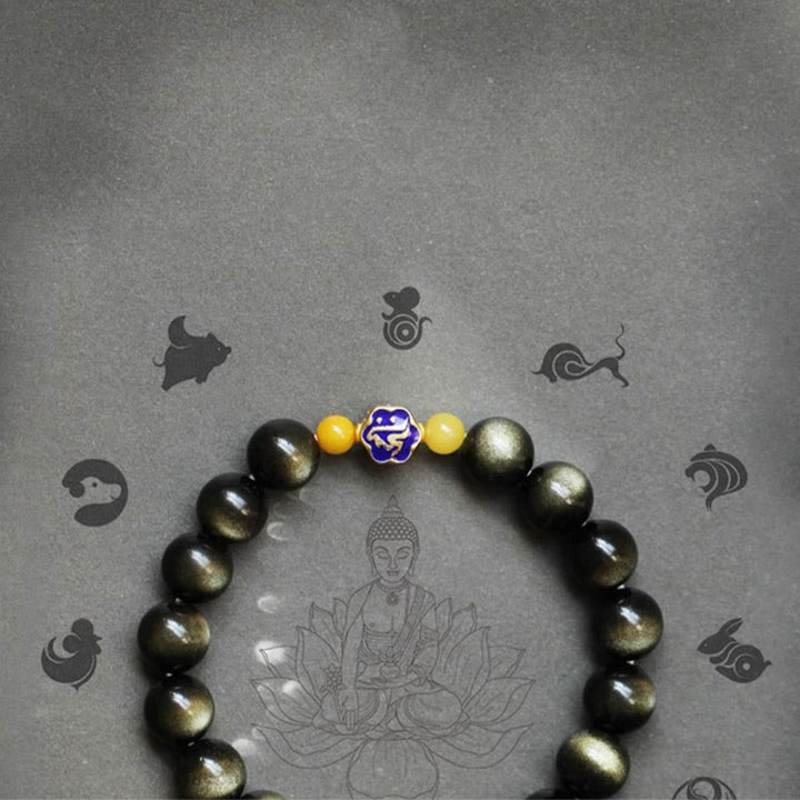 Bracelet de protection de richesse en obsidienne et ambre en argent sterling 925 avec Buddha Stones et zodiaque chinois