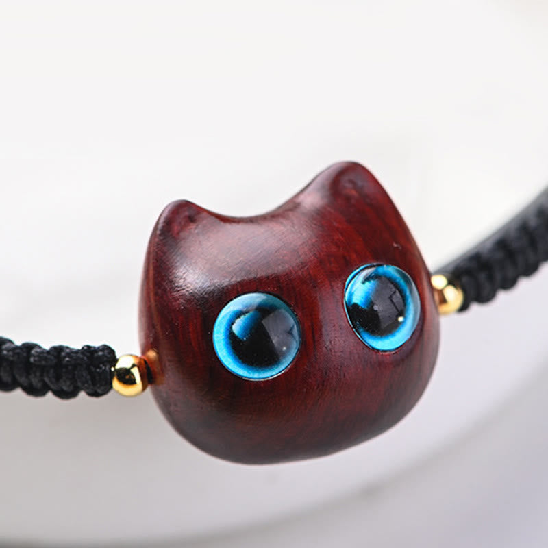 Bracelet tressé en bois de santal rouge et ébène avec petites feuilles et Buddha Stones, tête de chat mignonne, protection calme - image 7