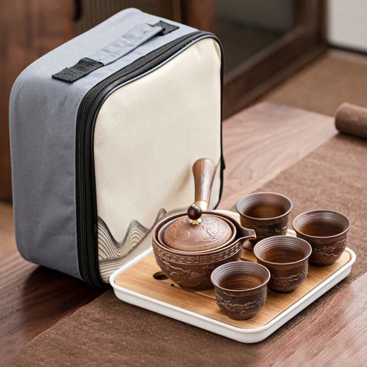 Service à thé chinois Gongfu en Buddha Stones avec théière en céramique et sac cadeau portable