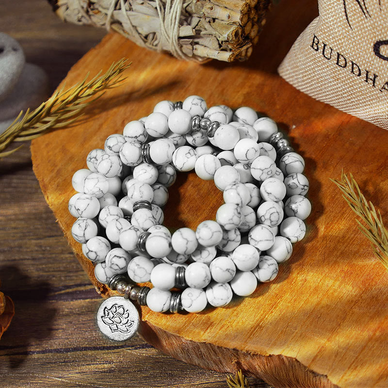 Bracelet Mala de guérison en Buddha Stones et lotus blanc turquoise