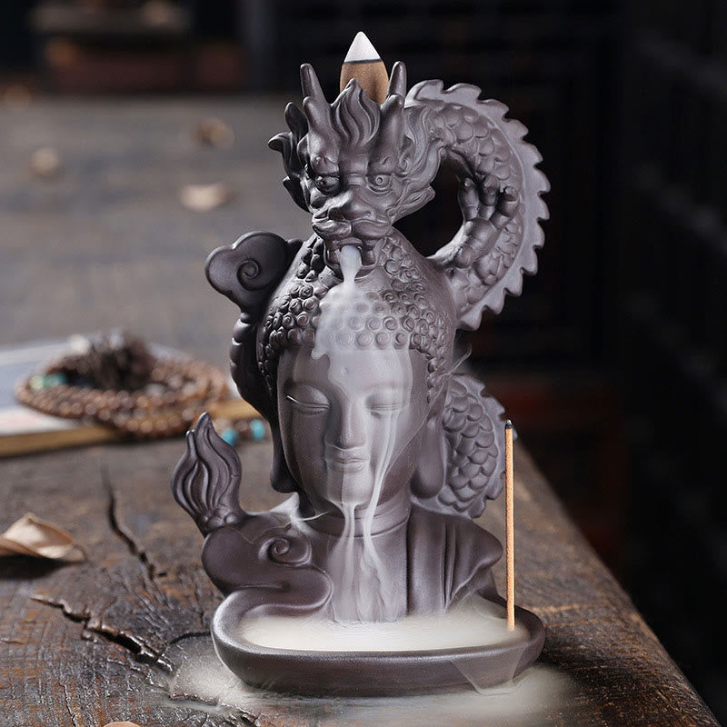 Buddha Stones Dragon Bouddha Nuages de bon augure Brûleur d'encens de guérison en argile violette Décoration