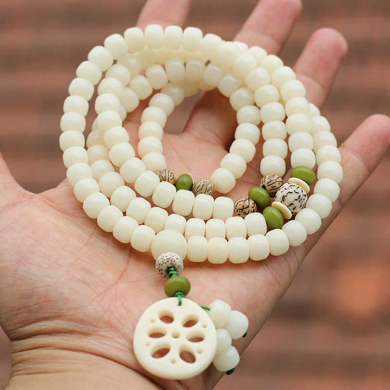 Bracelet porte-bonheur en 108 perles de Bodhi Seed Mala blanc Buddha Stones