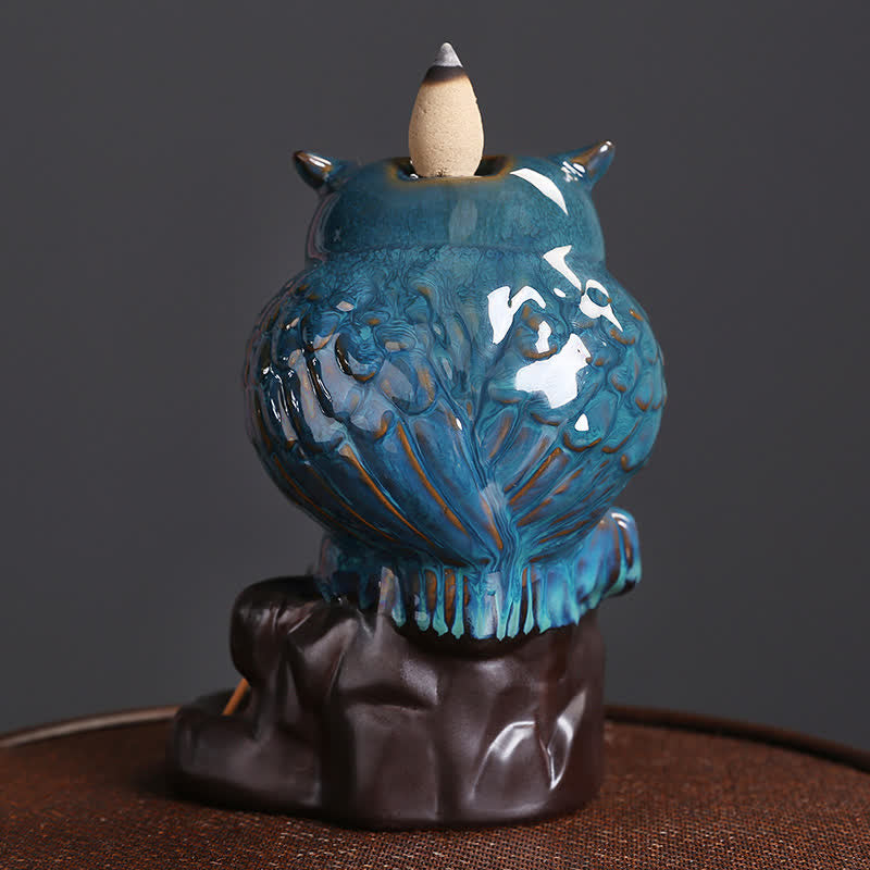 Buddha Stones Mignon Hibou Céramique Fontaine à Fumée à Refoulement Méditation Guérison Brûleur D'encens Décoration